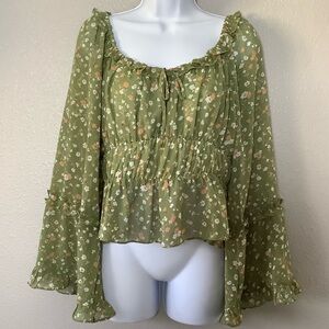 Green Cottagecore Fairy Bohemian Hippie Renaissance Fair Ruffle Peasant Blouse L